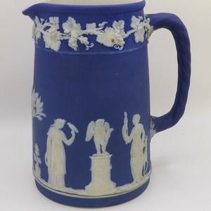 ANTIQUE 1891 WEDGWOOD "DIPPED" WHITE ON DARK BLUE JASPERWARE PITCHER ENGLAND #30